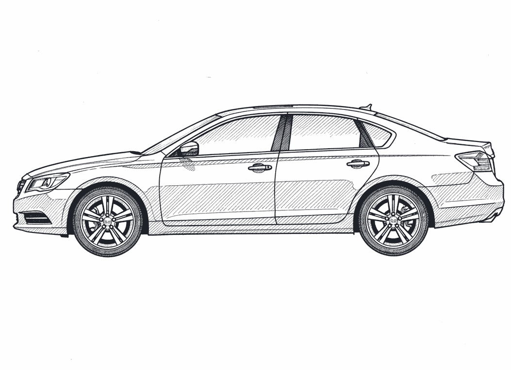 Ink patent drawing of a midsize sedan, side view
